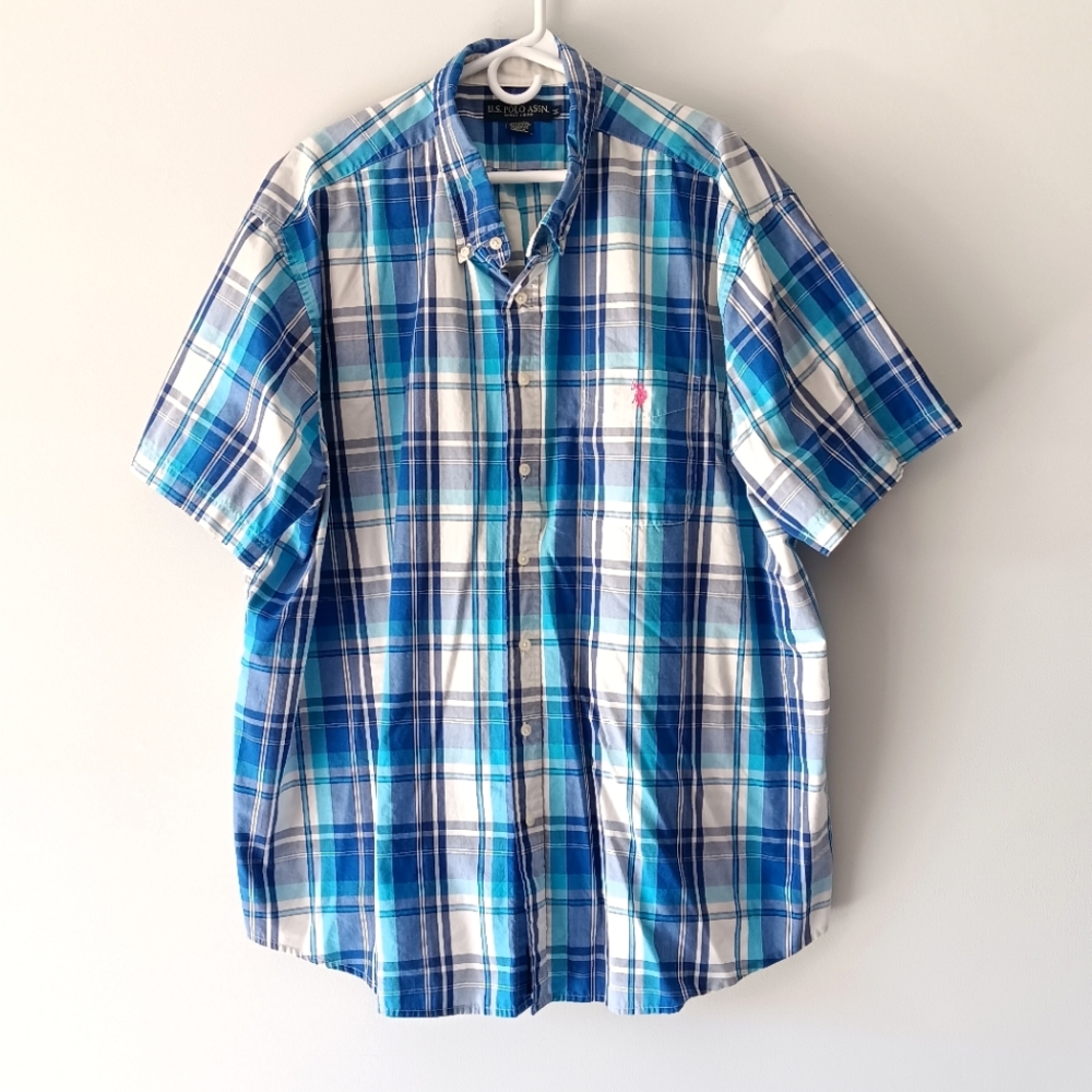 U.S. Polo Assn. Short-Sleeve Button-down Shirt Plaid Blue White 3XL